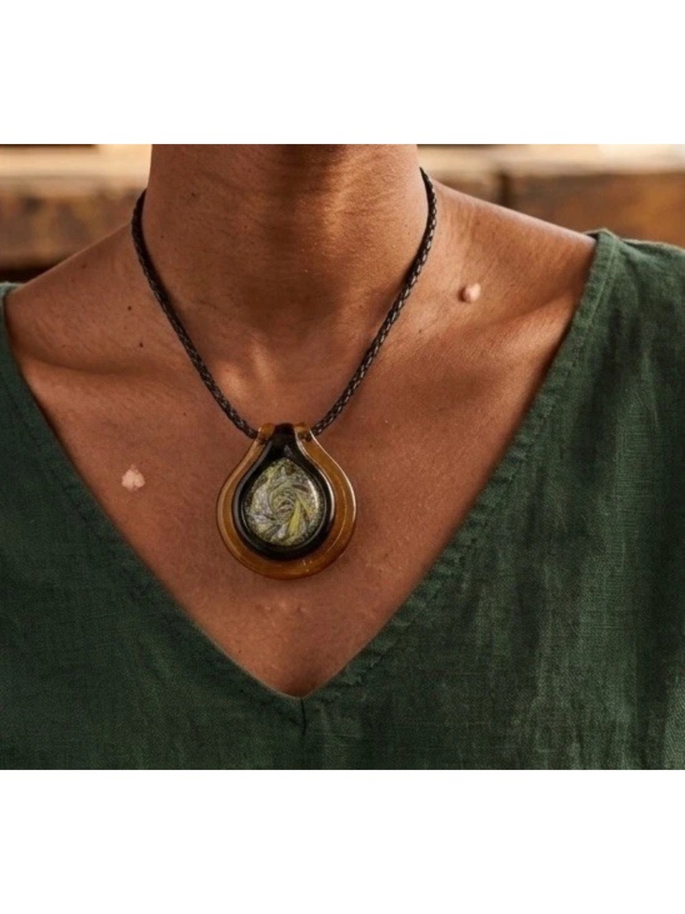 Artisan Murano-Style Millefiori Glass Pendant Necklace – Amber & Onyx Teardrop